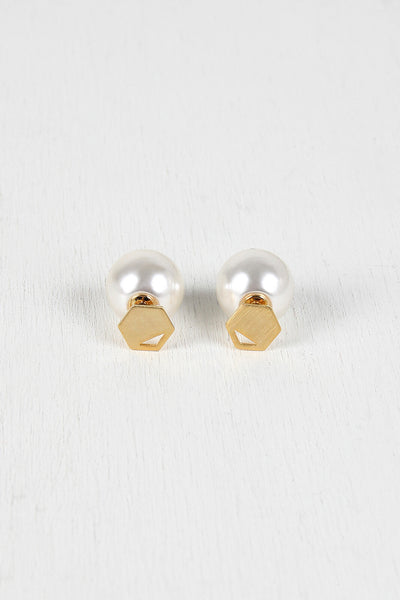 Cutout Hexagon And Pearl Double Sided Earrings