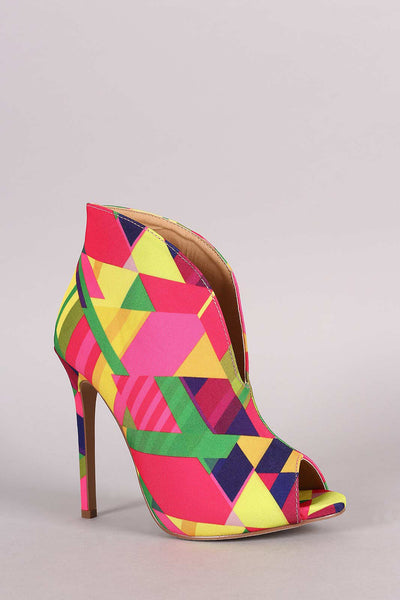 Liliana Multicolor Patterned V-Slit Peep Toe Stiletto Booties