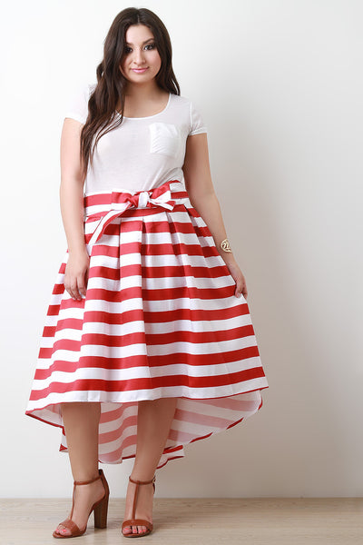 High Low Horizontal Stripe Pleated Taffeta Skirt