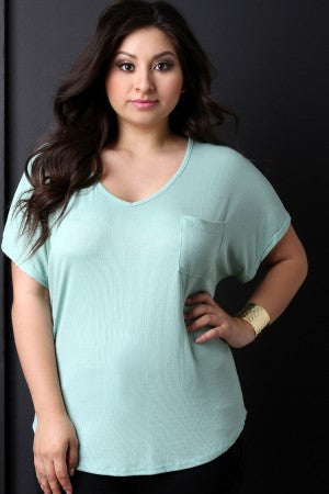 Ribbed Knit V-Neck Pocket Top