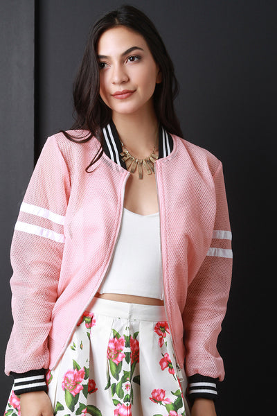 Honeycomb Mesh Stripe Trim Bomber Jacket