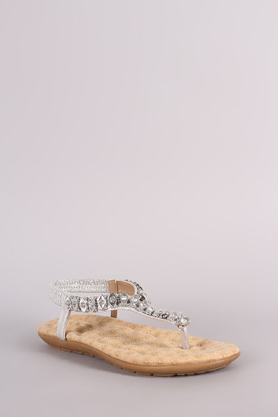 Rhinestone T-Strap Elasticized Slingback Flat Sandal