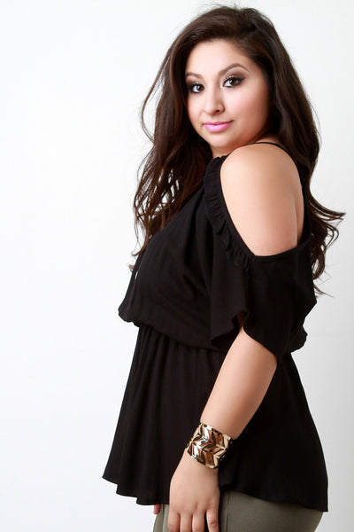 Ruffle Cold Shoulder Ruched Midriff Top