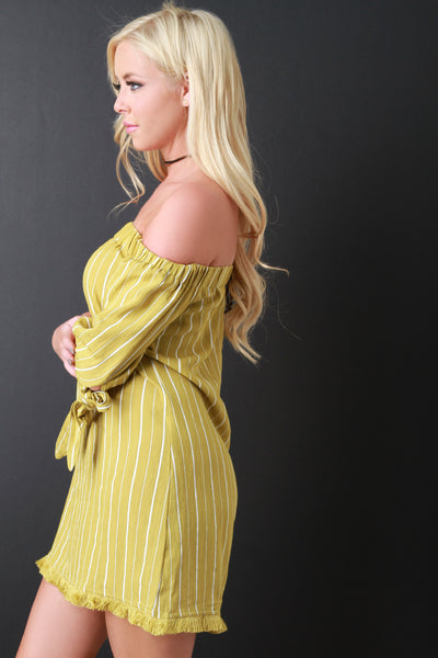 Eyelash Fringed Striped Bardot Dress