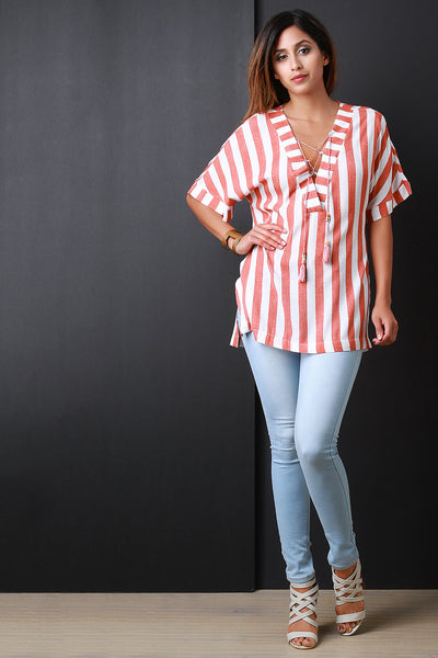 V-Neck Tassel Lace-Up Short Sleeve Stripe Boxy Top
