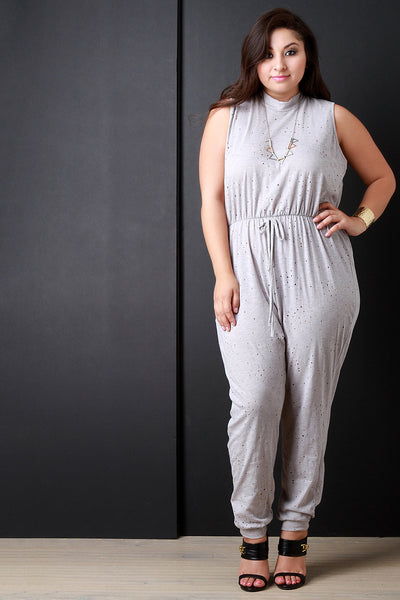 Distressed Hole Mock Neck Sleeveless Jumpsuit