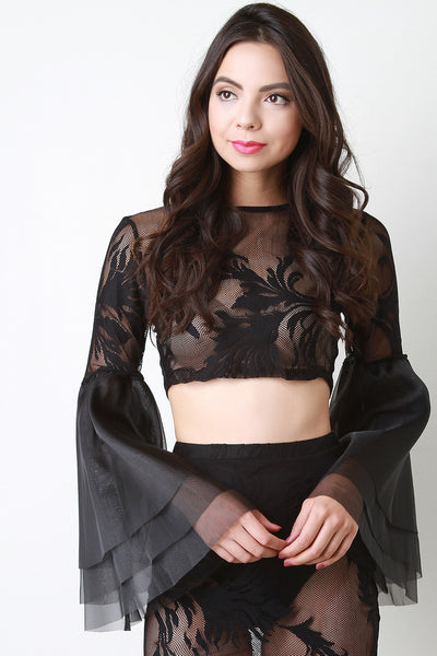 Sheer Patterned Mesh Layered Sleeves Top
